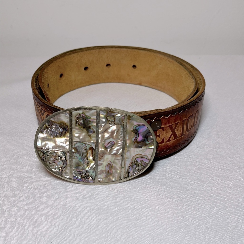 Leather Tooled belt, Abalone inlayed buckle, Mexico